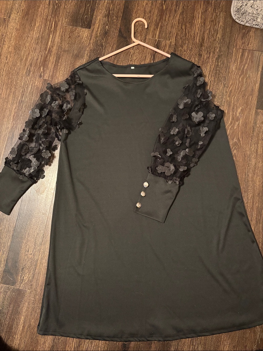 Source Unknown Black Dress with 3D Floral Mesh Sleeves